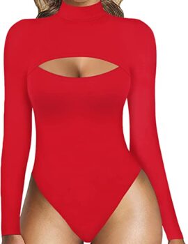 MANGOPOP Mock Neck Sexy Cutout Front T Shirt Sleeveless Long Sleeve Short Sleeve Bodysuit for Women