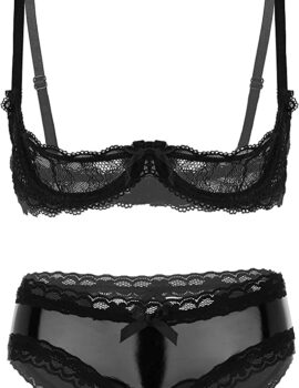 Agoky Womens Sheer Lace Bralette 1/4 Cup Push Up Shelf Bra and Panty Set Unlined Transparent Suit