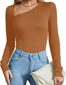 REORIA Women’s Classy Asymmetrical Neck Long Sleeve Ribbed Slimming Thong Bodysuit Tops