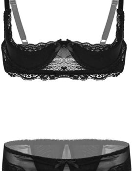 ACSUSS Womens Lace Sheer Straps Underwired Shelf Bra Tops with Briefs Underwear Lingerie Sets