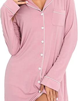 Leikar Nightgowns For Women Button Down Pajamas Dress Short Sleeve Sleepwear S-XXL